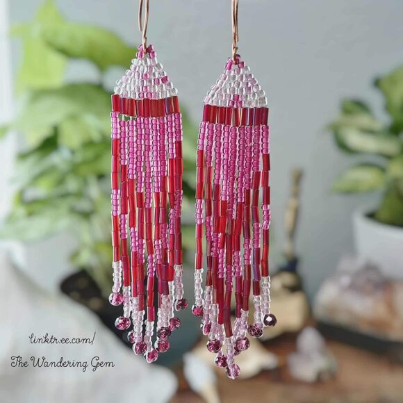 Beaded Fringe Cascade Shoulder Duster Dangle Earrings, Boho Chic Plum 4" - Picture 5 of 6
